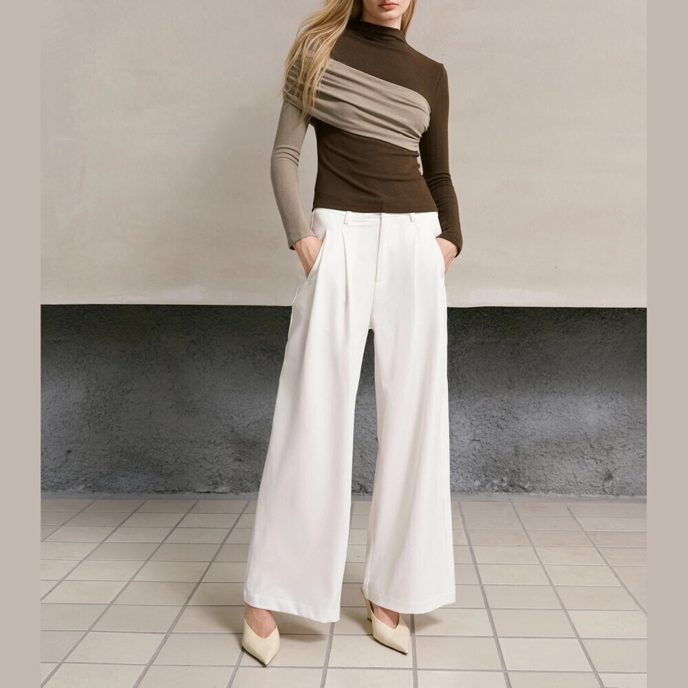 Brown Colorblock Draped Asymmetric High Neck Long Sleeve Knit Top